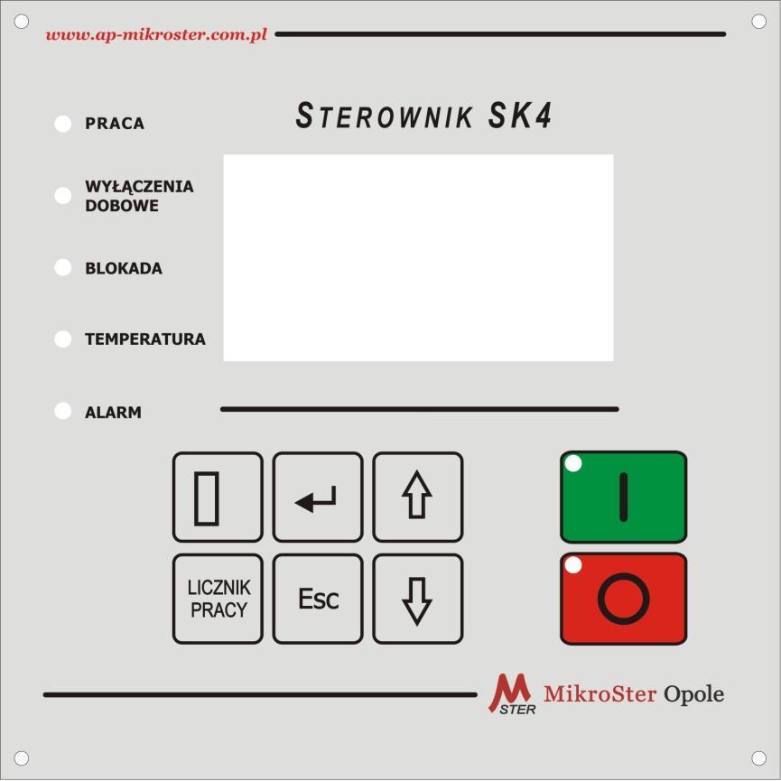 Sterownik SK4 Automatyka Przemysłowa MikroSter Opole - 4-2. Pulpit sterownika 3. Diody START STOP PRACA WYŁĄCZENIA DOBOWE BLOKADA TEMPERATURA ALARM Świeci przy załączonej pracy.