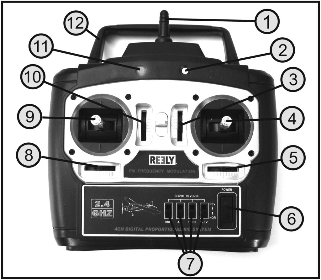 8. Elementy obsługi nadajnika Rysunek 2 1 Antena nadajnika 2 Dioda LED wskaźnika napięcia roboczego 3 Dźwignia trymera steru wysokości 4 Dźwignia sterująca steru kierunku i wysokości 5 Dźwignia
