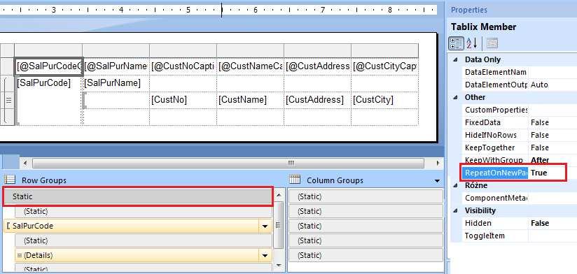4. Zaznacz na dole w sekcji Row Groups pierwszy wiersz i ustaw dla niego wartość RepeatOnNewPage na True. 5.