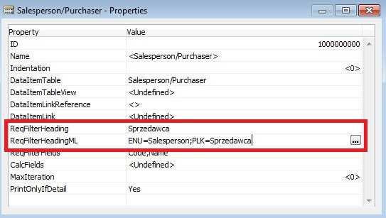 3.3 ReqFilterHeading Własność pozwala na zmianę wyświetlanej nazwy DataItem na Request Page. Domyślnie jest to nazwa DataItemu.
