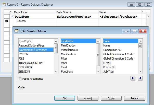 3. Przejdź do nowej linii i wybierz Column w kolumnie Data Type. Kliknij na Data Source i wybierz z tabeli Salesperson/Purchaser pole Code. 4.