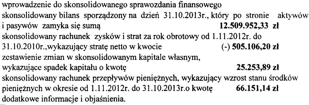 po stronie aktywów i pasywów zamyka siê sum¹ 12509952,33 z³ skonsolidowany rachunek zysków i strat za rok obrotowy od 1112012r do 31102010r,wykazuj¹cy stratê netto w kwocie (-) 505106,20 z³