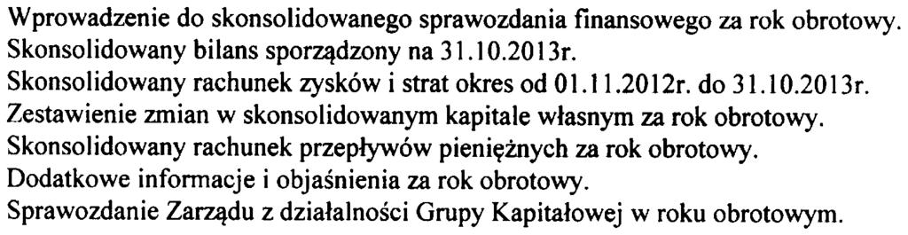 raportu stanowi¹ za³¹cmiki: 1 2 3 4 5 6 7 Wprowadzenie do skonsolidowanego sprawozdania finansowego za rok obrotowy Skonsolidowany bilans sporz¹dzony na 31102013r Skonsolidowany rachunek zysków i