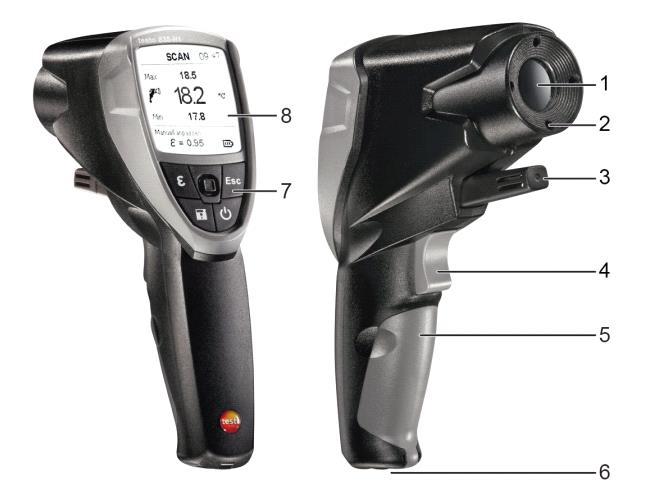 1 Obiektyw na podczerwień 2 4-punktowy laser do znakowania punktu pomiarowego 3 sonda wilgotności (tylko H1) 4 Spust (pomiar, włączenie) 5 Komora baterii 6 Port USB, gniazdo do podłączenia sondy 7