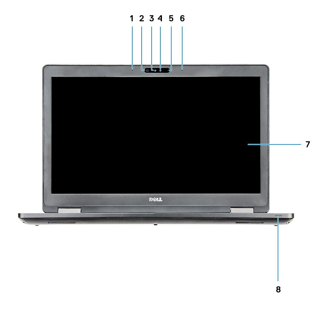 2 Widok obudowy Front open view 1 Array microphone 2 Infrared (IR) camera (optional) 3 Infrared (IR) emitter (optional) 4 Camera status light (optional) 5 Camera