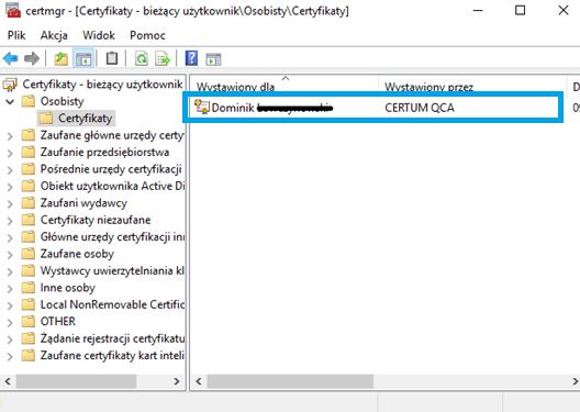 Poprawność rejestracji certyfikatu w systemie można sprawdzić poprzez: Wciśnięcie klawisza Windows oraz r > wpisujemy komendę certmgr.