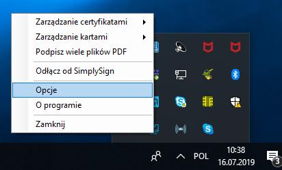 Rysunek 13 Opcje SimplySign Desktop 3.