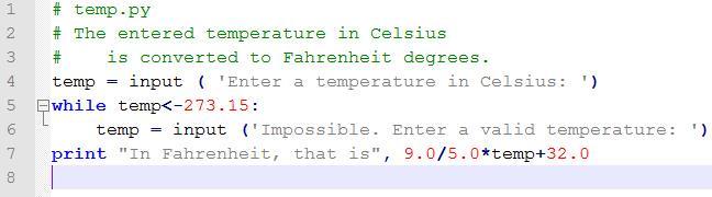 Konwerter temperatury - W poniższym programie temp.py, obliczenia w pętli while są powtarzane aż do chwili wprowadzenia niepoprawnej wartości temperatury.
