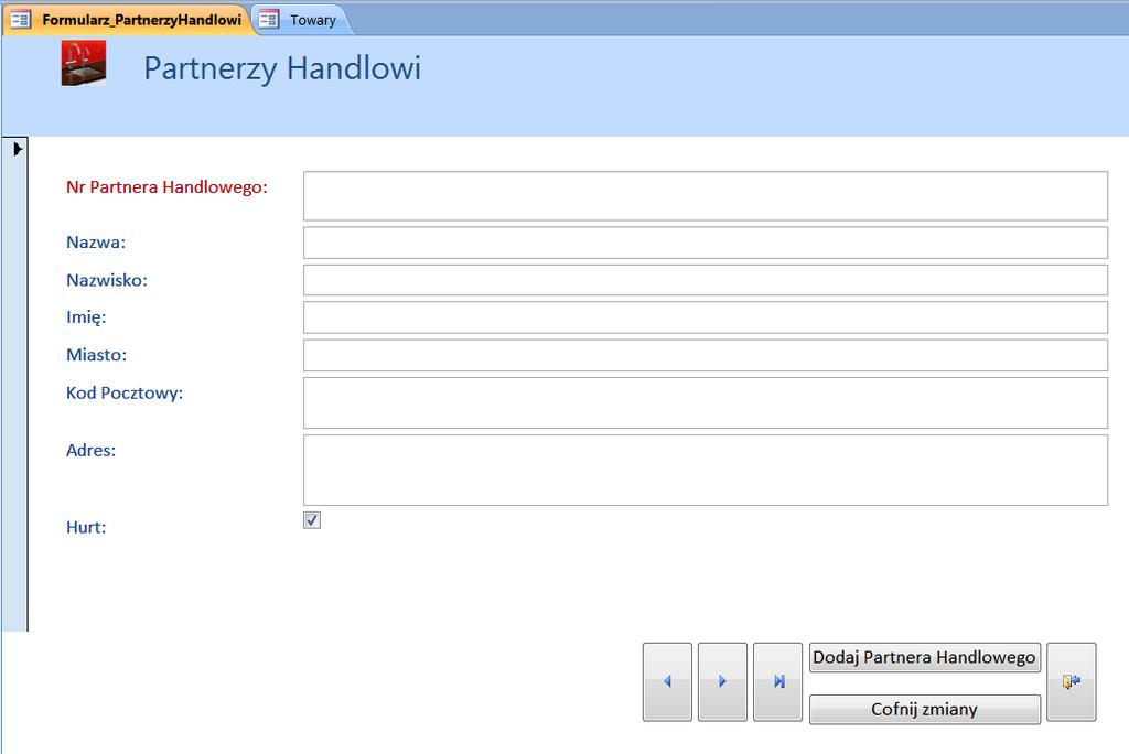 Zastosuj dowolny styl Autoformatowania (motywu od wersji Access 2010). Dodaj w nagłówku rysunek z Logo. Wyróżnij kolorem etykietę Nr Partnera Handlowego. Zmień szerokość pól.