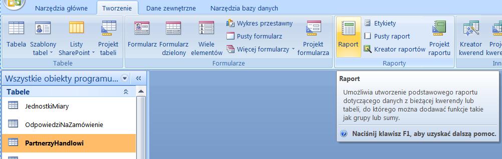 ZADANIA DO ZREALIZOWANIA W MS ACCESS RAPORTY Zadania do wykonania na podstawie Bazy Danych TRANSAKCJE HANDLOWE (lista zadań nr 1). 1) Utwórz raport podstawowy zawierający dane Partnerów Handlowych.