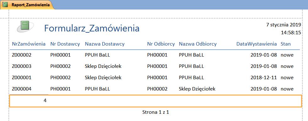 3) Utwórz raport podstawowy zawierający dane dotyczące Zamówienia. Utwórz raport na podstawie kwerendy Formularz_Zamówienia. W widoku układu: Usuń nadmiarowe dane (etykiety i pola).