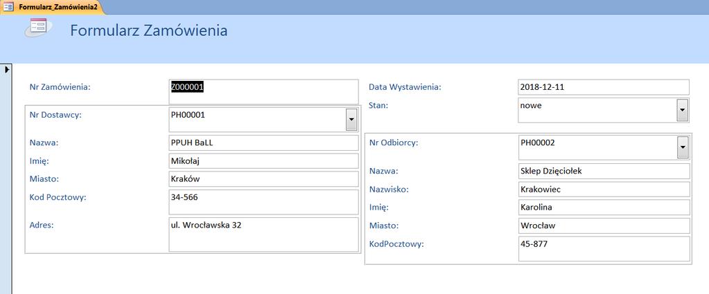 Zapisz kwerendę pod nazwą Formularz_Zamówienia. Uwaga: Dla pól NrDostawcy, NrOdbiorcy powinny być utworzone relacje z polem NrPartneraH (z tabelki PartnerzyHandlowi) w dwóch różnych kopiach tabelki.