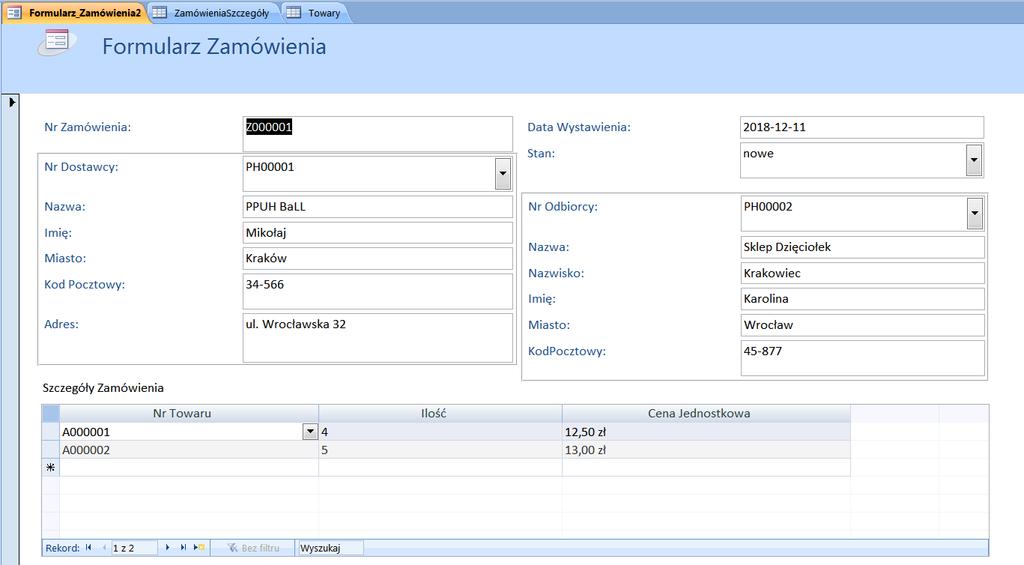 9) (do zrobienia samodzielnie) Zamiast poprzedniego formularza, do formularza Formularz_Zamówienia dodaj podformularz ZamówieniaSzczegóły_podformularz2 na podstawie kwerendy zawierającej dane z