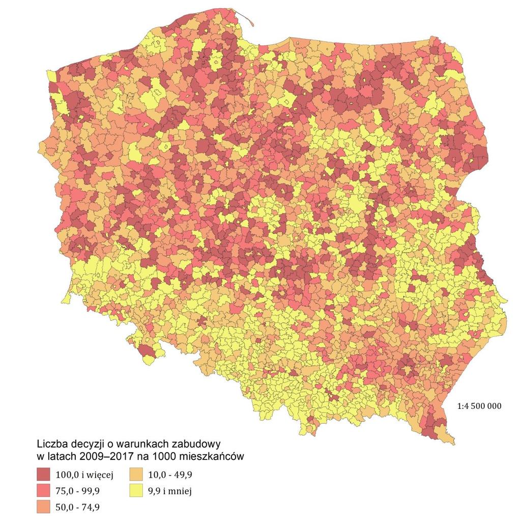 Słabość planowania przestrzennego Średnio w Polsce liczba decyzji o warunkach zabudowy w latach 2009 2017 na 1000 ludności: 33,7 MOF