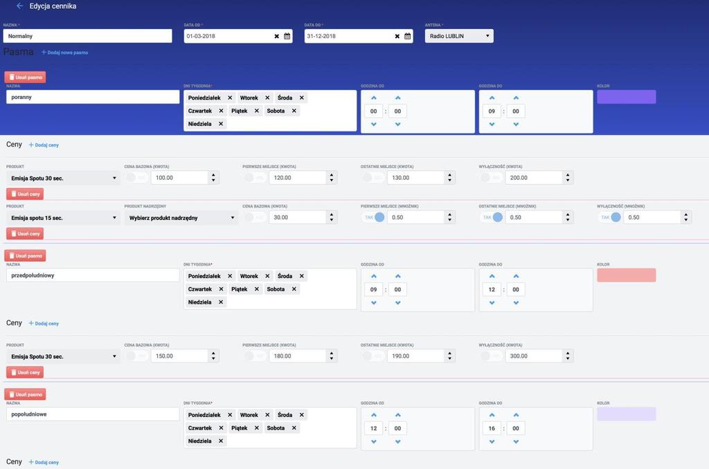 16. Tworzenie rozbudowanych cenników do zleceń z uwzględnieniem zakresu dat/dni/pasm/godzin emisji oraz produktów. 17. Moduł Raportów pozwala na wykonanie przydatnych zestawień, np.