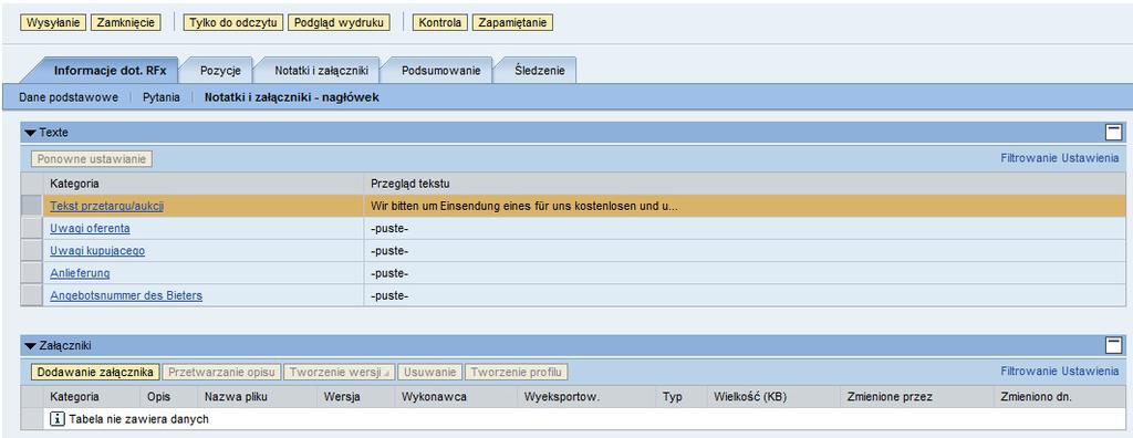 Wyświetlanie przetargu Zakładka: Informacje dot.