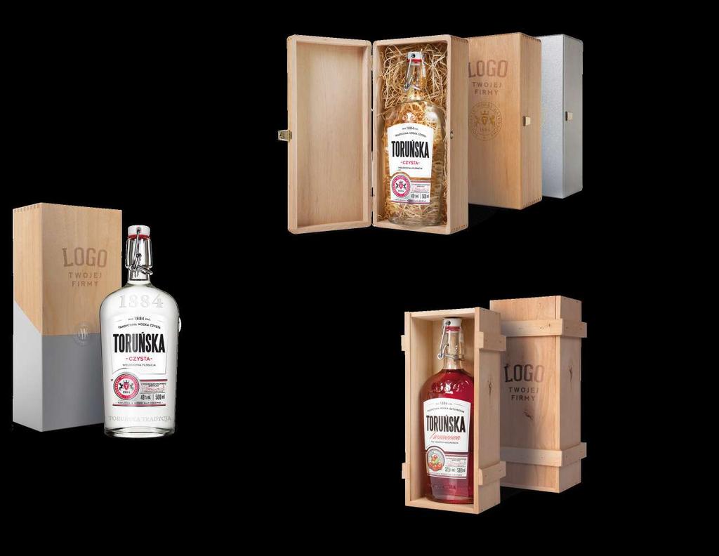 dowolna Wódka Toruńska 500 ml W PUDEŁKU DREWNIANYM dostępnym w kolorze naturalnego drewna oraz srebrnym.