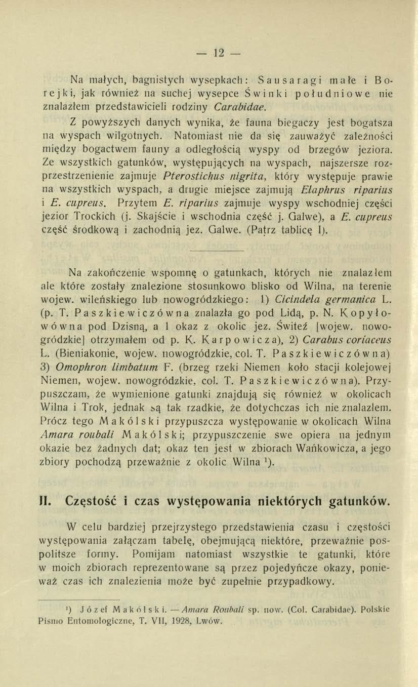 12 Na małych, bagnistych wysepkach: Sausaragi małe i Borej ki, jak również na suchej wysepce Świnki południowe nie znalazłem przedstawicieli rodziny Carabidae.