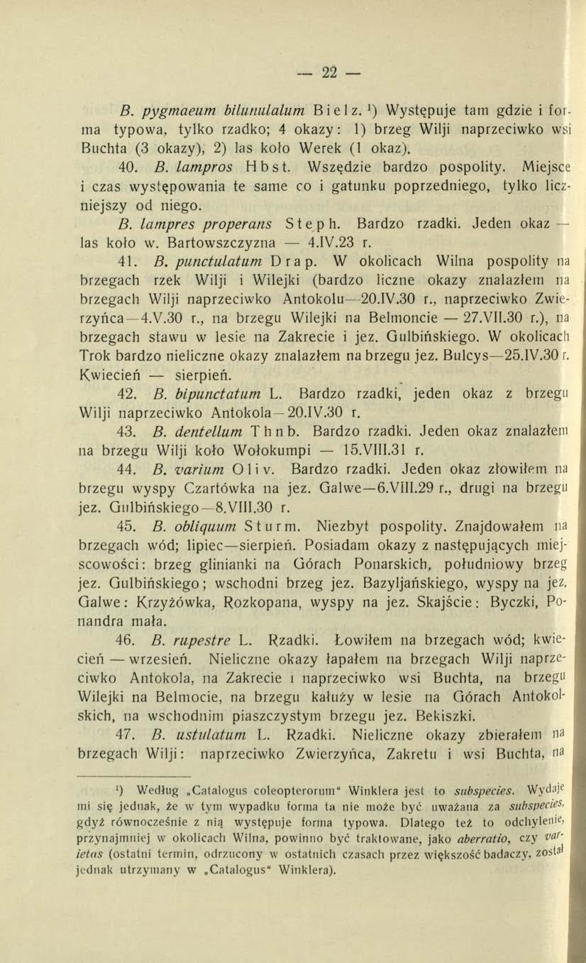 - 22 B. pygmaeum bilutiulalum Biel z. ł) Występuje tam gdzie i foima typowa, tylko rzadko; 4 okazy: 1) brzeg Wilji naprzeciwko wsi Buchta (3 okazy), 2) las koło Werek (1 okaz). 40. B. lampros Hbst.