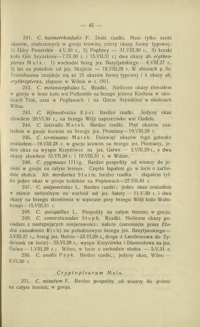 45 241. C. haemorrhoidalis F. Dość rzadki. Mam tylko sześć okazów, znalezionych w gnoju krowim; cztery okazy formy typowej: 1) Góry Ponarskie 4.V.30 r., 2) Poptawy 31.VI1I.30 r., 3) krzaki koło Gór Szyszkinie 7.
