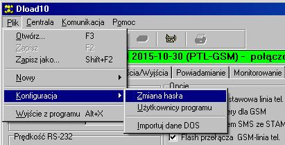 SATEL GSM-4/GSM-5 29 Rys. 16. Funkcje dotyczące dostępu do programu DLOAD10. 2. Wprowadź dotychczasowe hasło dostępu do programu i kliknij na przycisk OK. 3.