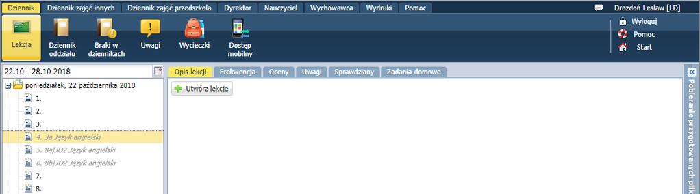 Jeśli zalogowany do systemu UONET+ nauczyciel uruchomi w czasie lekcji moduł Dziennik, to domyślnie aplikacja otworzy się w widoku Lekcja z aktywną kartą Opis lekcji.