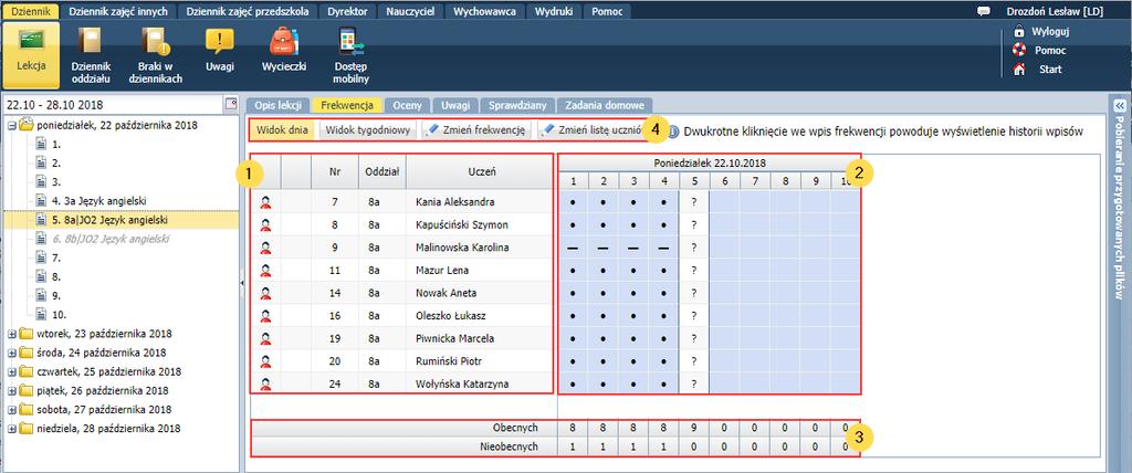 UONET+. Jak korzystać z tabel frekwencji dostępnych w widokach Lekcja oraz Dziennik oddziału? 4/10 Rysunek 5.