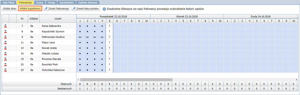 Przełączanie się między tymi widokami odbywa się za pomocą przycisków Widok dnia oraz Widok tygodniowy.