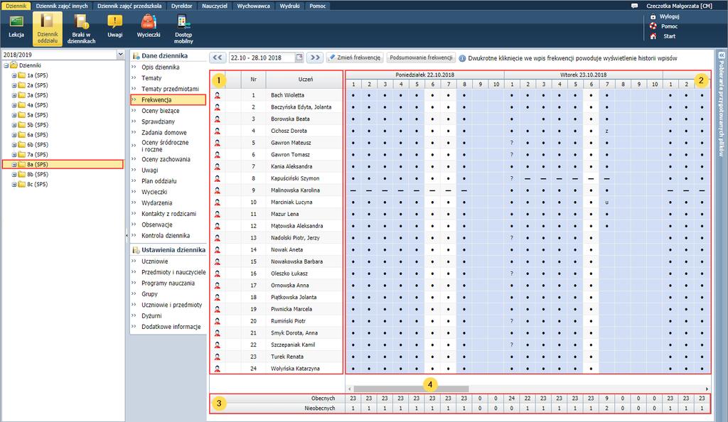przeznaczone są przede wszystkim do przeglądania frekwencji uczniów wybranego oddziału na lekcjach w celu wykrycia ewentualnych braków lub błędów.