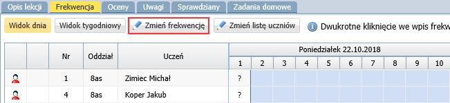 po prawej stronie (np. dwuklikiem). 4. Kliknij przycisk Zapisz. Odnotowanie frekwencji na lekcji Na karcie Frekwencja odnotowuje się również nieobecności i spóźnienia uczniów.