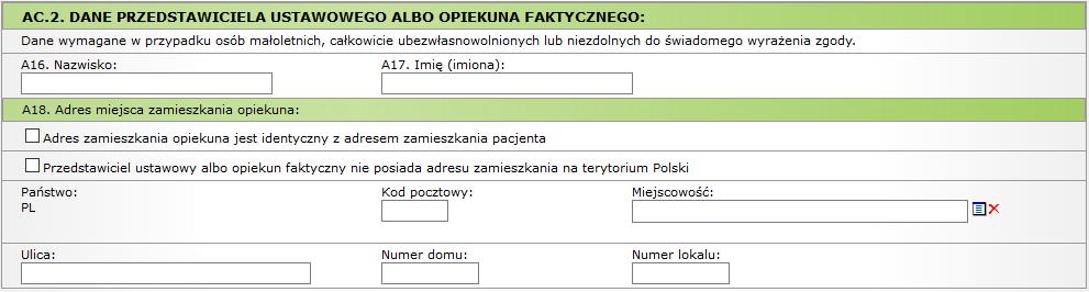 Rysunek 6 Przykładowe okno Danych przedstawiciela ustawowego Dodatkowe informacje: W przypadku, gdy dane adresowe przedstawiciela są takie same jak dane pacjenta należy zaznaczyć opcję Adres pacjenta