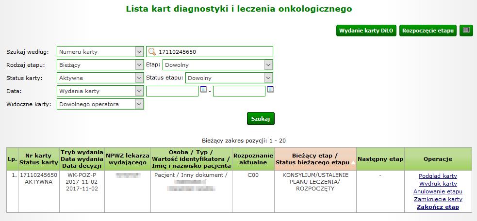 W przypadku ustawienia filtru roku na rok bieżący, system wyświetli obowiązujące w dacie bieżącej umowy i miejsca udzielania świadczeń, w których zakontraktowano zakresy świadczeń upoważaniające do