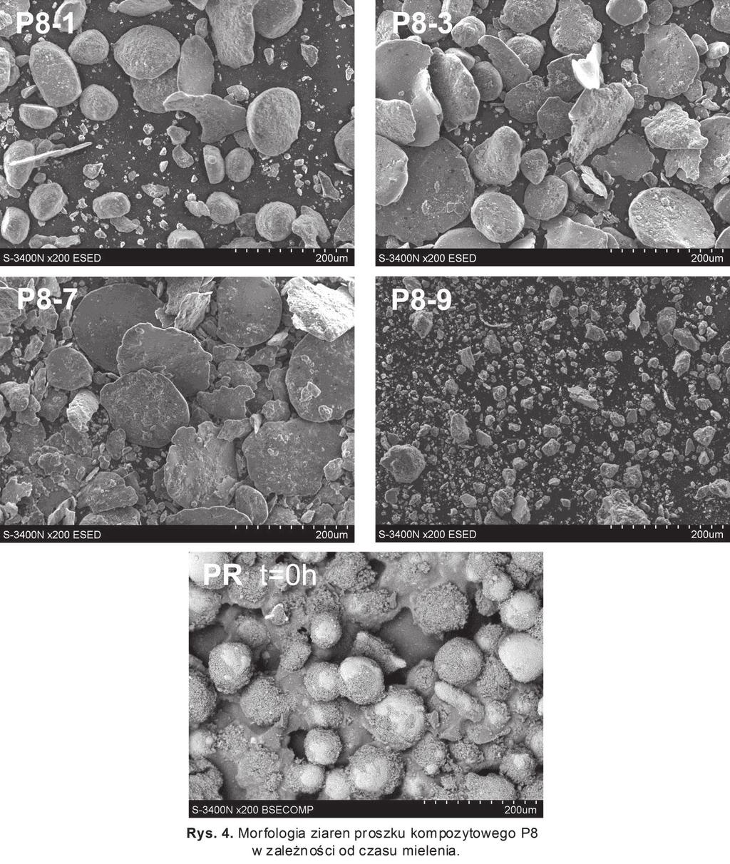 Rys. 8. Morfologia ziaren proszku kompozytowego P8 w zależności od czasu mielenia Fig. 8. The morphology of the composite powder P8 after the various milling time LITERATURA [1] Michalik D., Valle N.