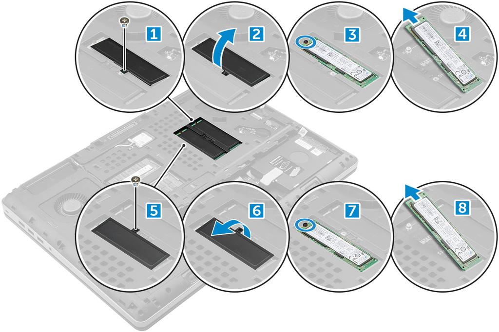 d Wyjmij dysk SSD z komputera. Instalowanie modułu dysku SSD M.2 1 Umieść dysk SSD we wnęce. 2 Wkręć śrubę M2,0x3,0 mocującą dysk SSD w komputerze. 3 Umieść płytkę termoprzewodzącą na dysku SSD.