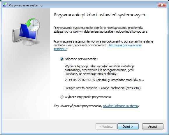 Przywracanie systemu. Kliknij Kontynuuj jeśli zostaniesz zapytany o zgodę.