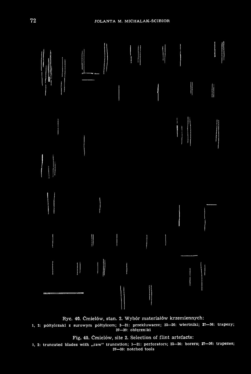 Selection of flint artefacts: 1, 2: trun cated blades w ith raw