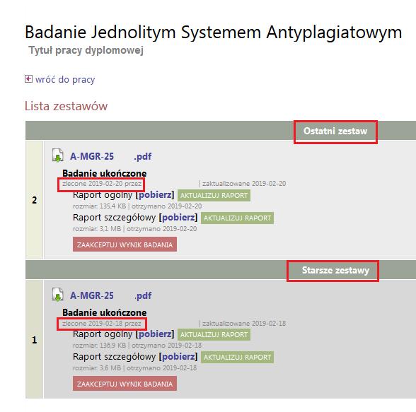 W oknie Lista zestawów pojawi się czerwony przycisk Zaakceptuj wyniki badania (21) 21 W przypadku gdy