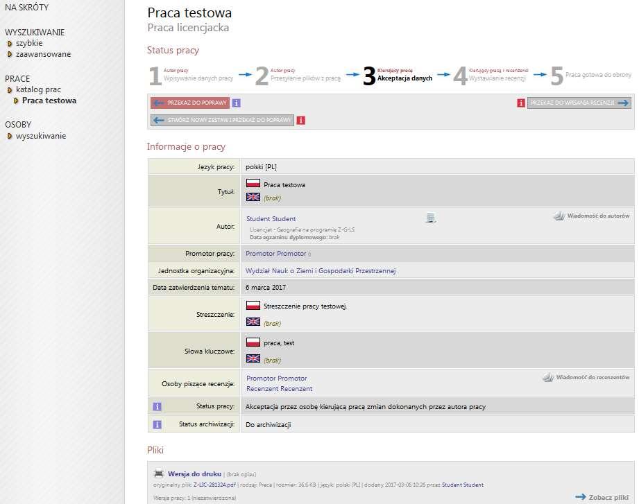 Akceptacja danych przekazanie do wpisania recenzji 7 Przekazanie pracy i/lub danych pracy do poprawy 8 Przejście do wysyłania wiadomości do autora 9 10 11 Przejście do strony z załącznikami prac