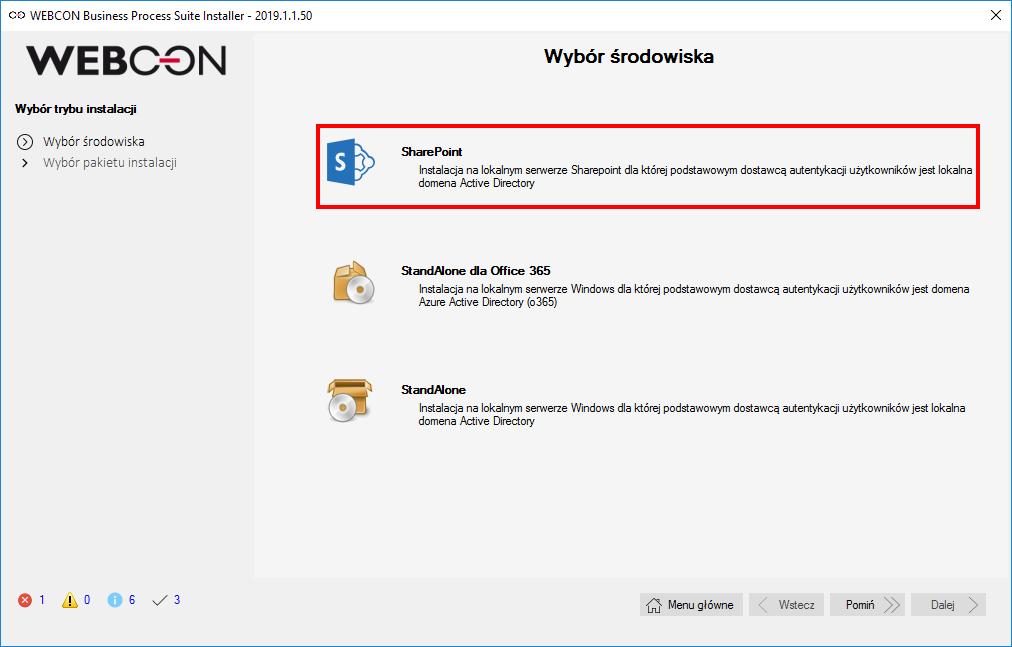 W opisywanym przypadku wybieramy SharePoint. Dla platformy SharePoint istnieją dwa rodzaje instalacji, w zależności od żądanej konfiguracji komponentu na witrynach SharePoint.