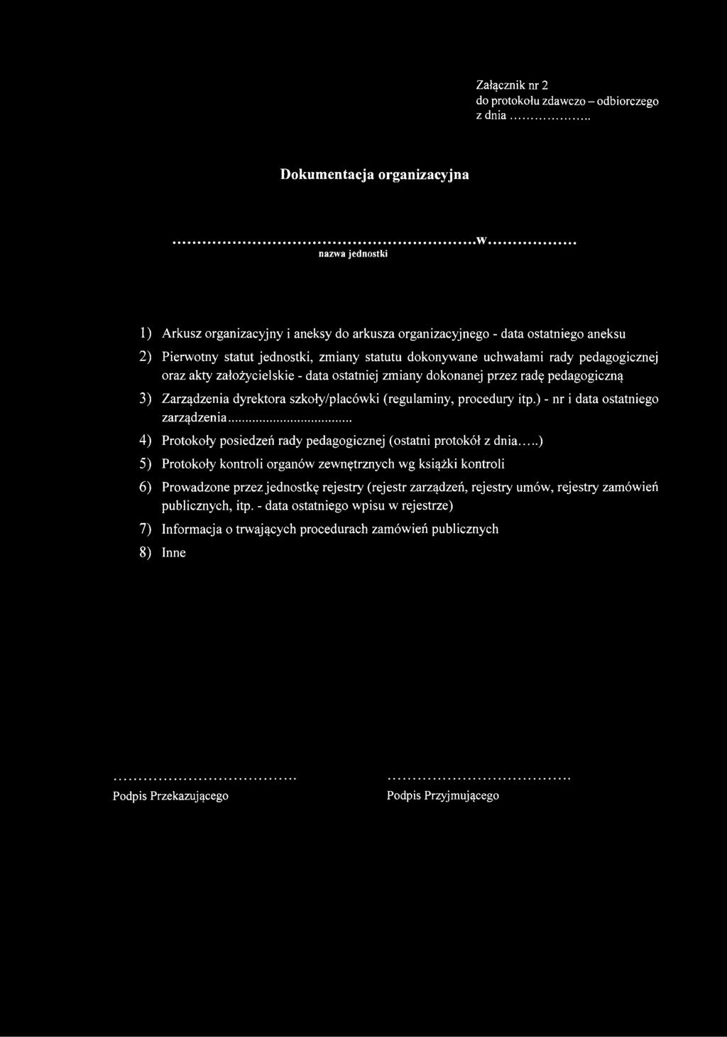 .. nazwa jednostki 1) Arkusz organizacyjny i aneksy do arkusza organizacyjnego - data ostatniego aneksu 2) Pierwotny statut jednostki, zmiany statutu dokonywane uchwałami rady pedagogicznej oraz akty