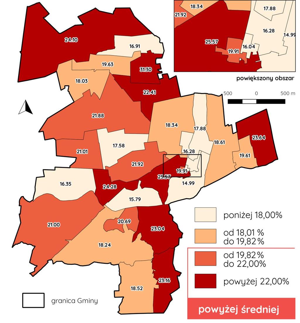 Program Rewitalizacji dla Gminy Małkinia Górna na lata 2016-2022 Ryc. 7. Procentowy udział osób w wieku poprodukcyjnym w ogóle ludności w danej jednostce przestrzennej w 2016 r.