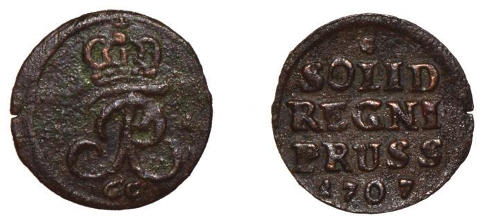 10. Prusy, Fryderyk III (1688 1701), szeląg 1699, men. Królewiec, Siegmund Dannies. Av: monogram FC3 pod czapką elektorską flankowaną dwoma gwiazdkami, na tle berła, u dołu S-D.