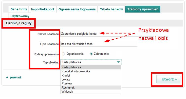 Administrator Klienta mający uprawnienie do tworzenia i edycji reguł po zalogowaniu się do usługi PBSbank24 powinien przejść do zakładki Moja Firma, wybrać kolejno Szablony