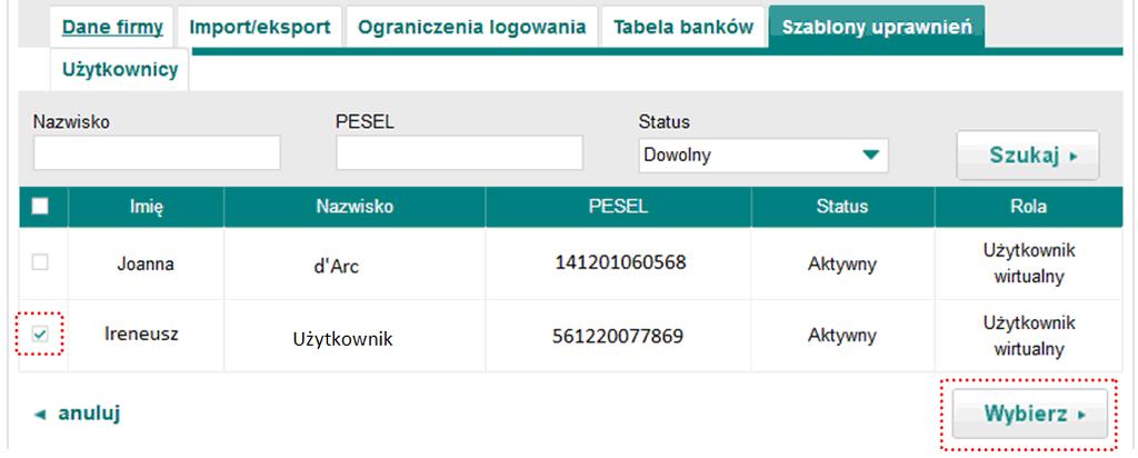W celu przypisania utworzonego szablonu do Użytkownika należy na zakładce Szablony uprawnień w ramach danego