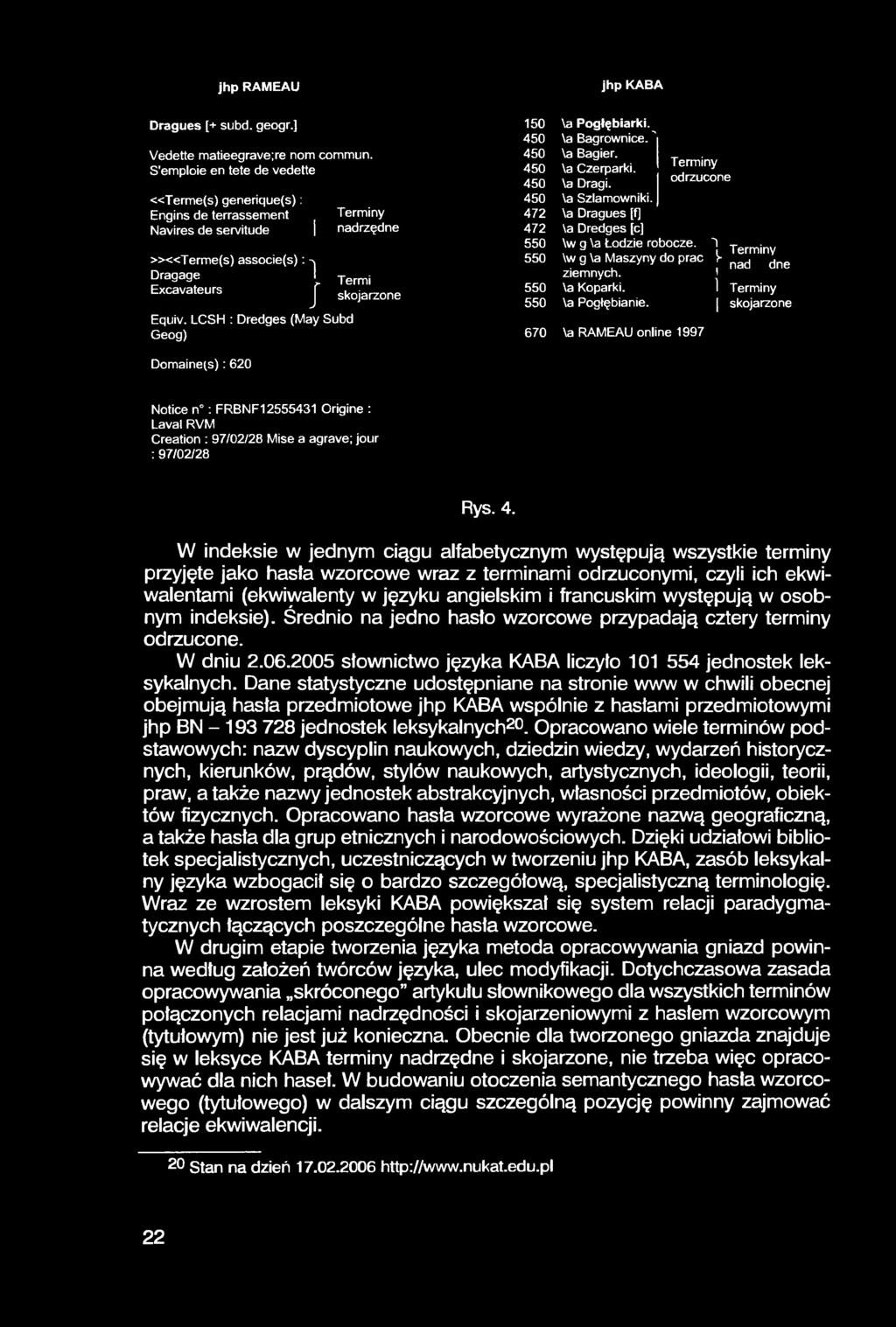 LCSH : Dredges (May Subd Geog) jhp KABA 150 \a Pogłębiarki. 450 \a Bagrownice.' 450 \a Bagier. Terminy 450 \a Czerparki. odrzucone 450 \a Dragi. 450 \a Szlamowniki.