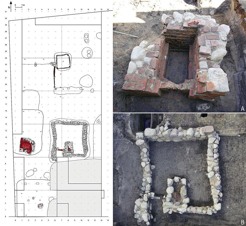 MICHAŁ STARSKI Ryc. 4. Zagospodarowanie parceli przy ul. 1 Maja 3 w Pucku w Xv wieku: A piec i jama przypiecowa, B fundament kamienny piwnicy (fot. M. Starski). fig. 4. Utility features in the urban plot in 1 Maja Street no.