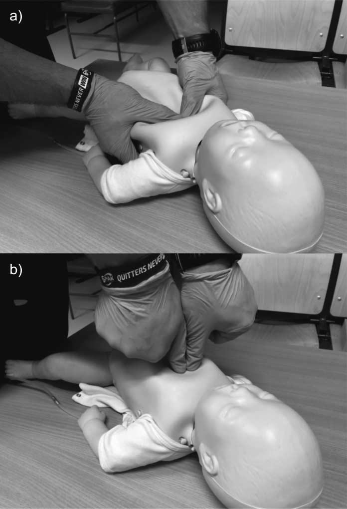 Comparison of two chest compression techniques during infant resuscitation. A randomized, cross-over study Fig. 1a, b.