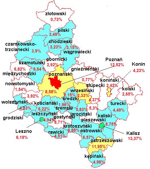 WOJEWÓDZTWO WIELKOPOLSKIE Porównanie wyników uzyskanych przez uczniów w powiatach z wynikiem krajowym (kolorem czerwonym zapisano procent dysleksji w roku) Średni wynik- Arkusz S-(,, ) kraj :, woj.