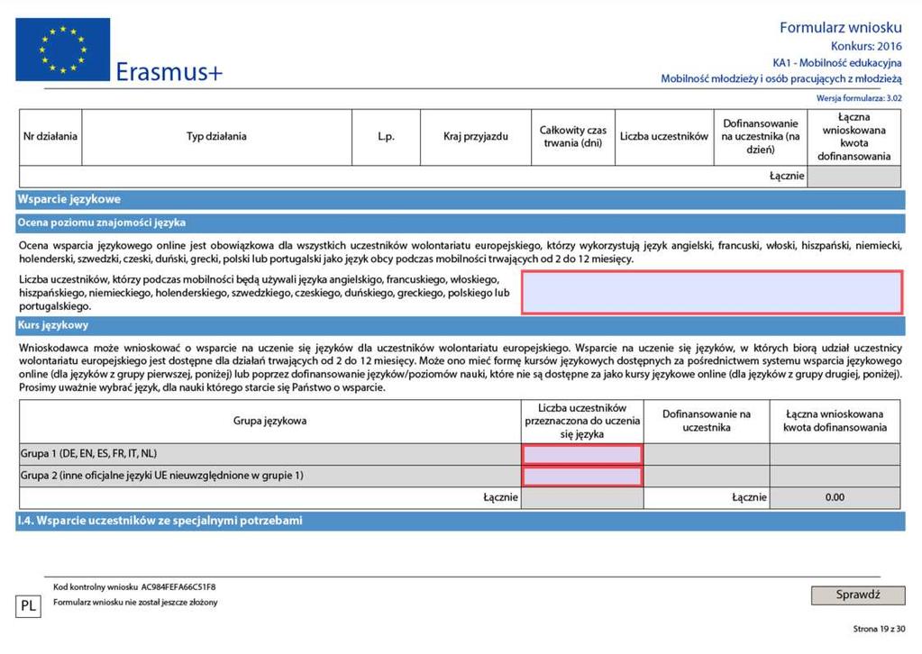 W tej kategorii wybierz właściwą formę wsparcia językowego dla każdego z wolontariuszy.