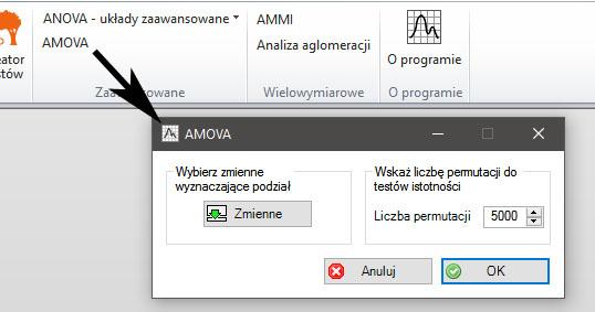 Rys. 13. Okno analizy AMOVA oraz okno wyboru zmiennych Rys. 14.
